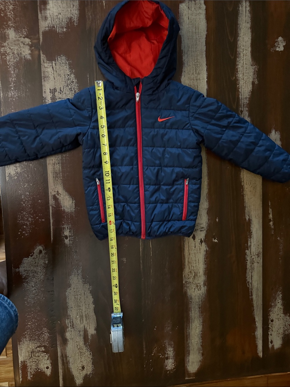 Nike Kids Navy Puffer Jacket with Red Trim and Hood Lining